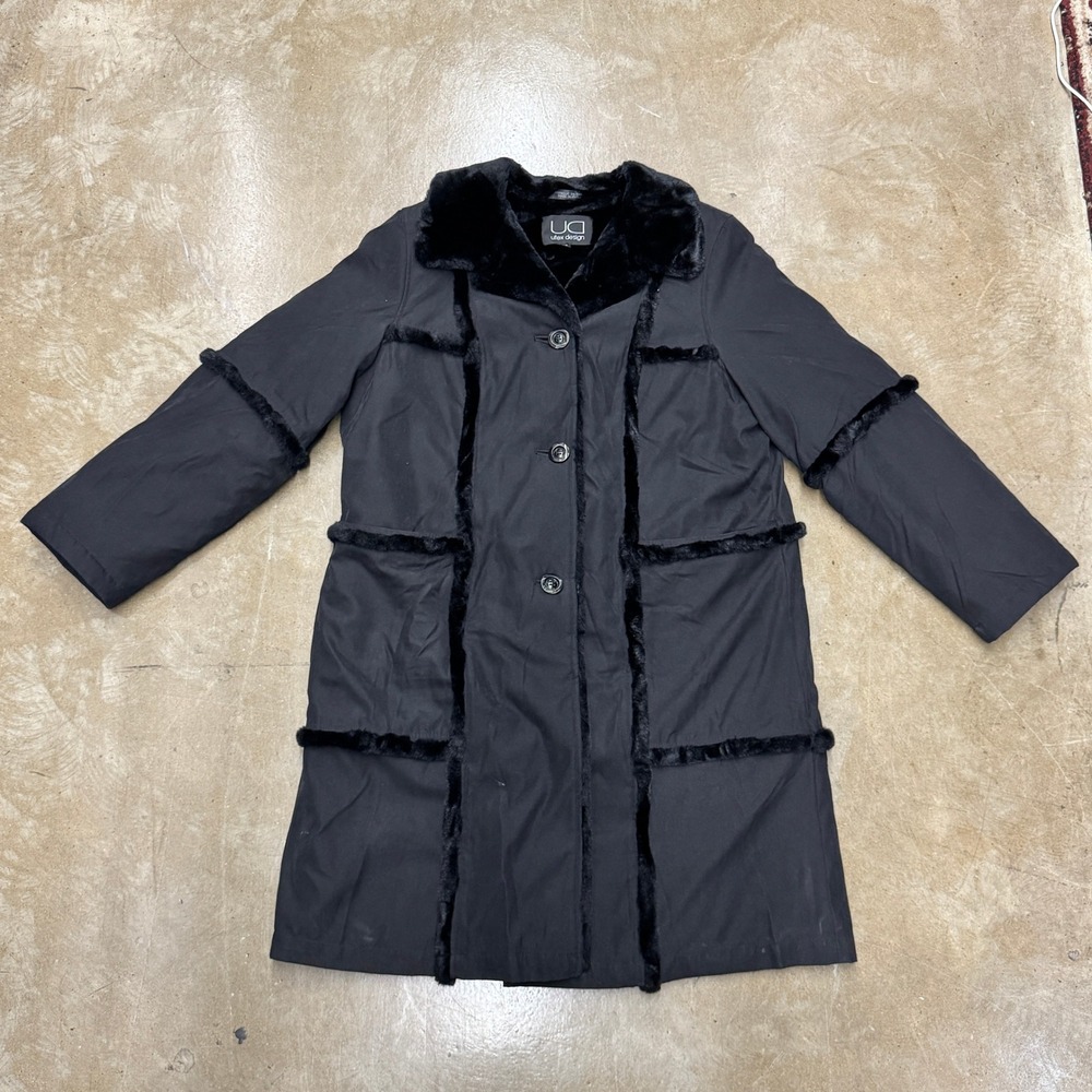 Size Large - Vintage Utex Design Black Faux Fur Trim Lined Mid Length Coat